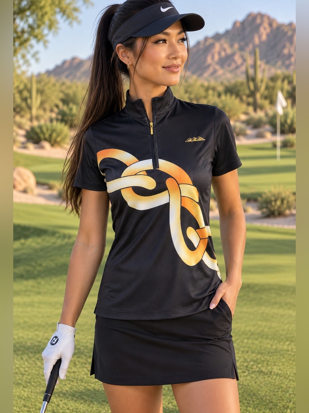 EP Pro Women’s Golf Top Size Small Black Gold Abstract Quarter Zip Short Sleeve
